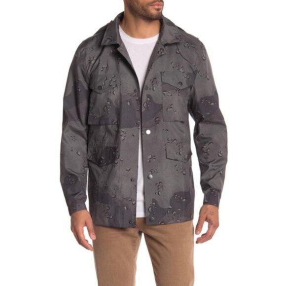 7 For All Mankind Mens Gray Camo Hooded Button Front Light Army Jacket Sz L New - Picture 1 of 9